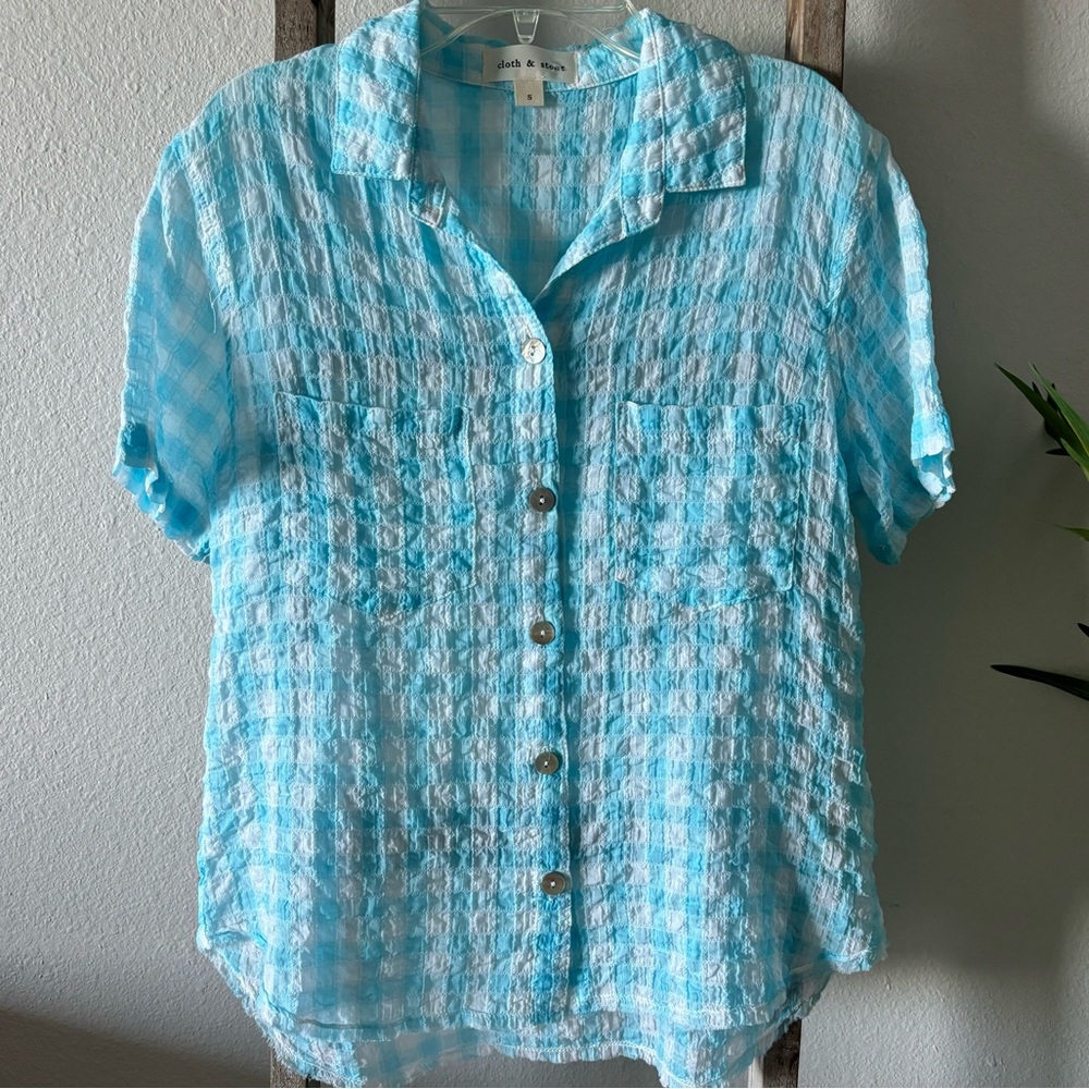 CLOTH & STONE | Anthropologie Short Sleeve Plaid Seersucker Blouse--NEW--S